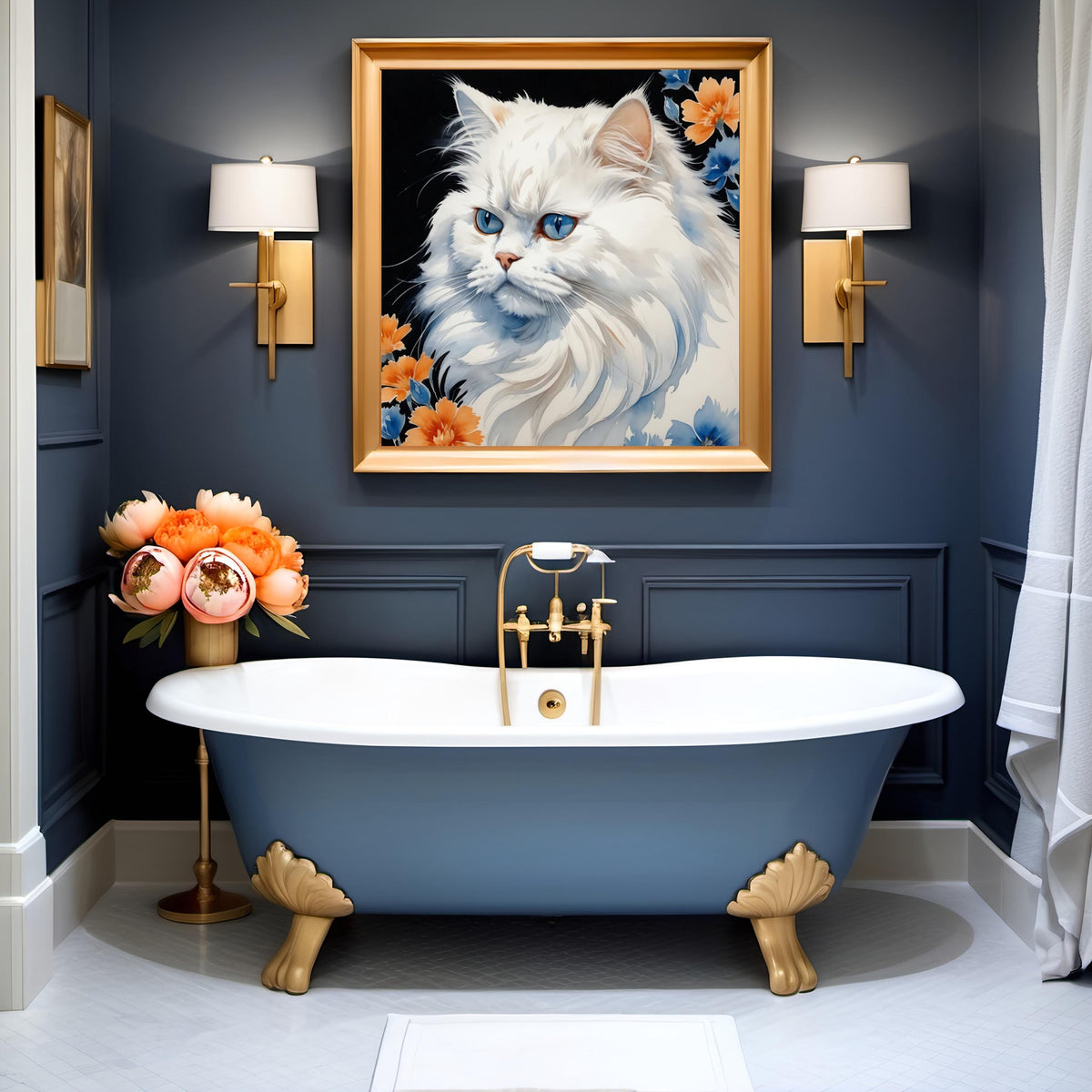 Blue-Eyed White Cat Floral Print: Watercolor-Inspired Pet Art (Digital Download)
