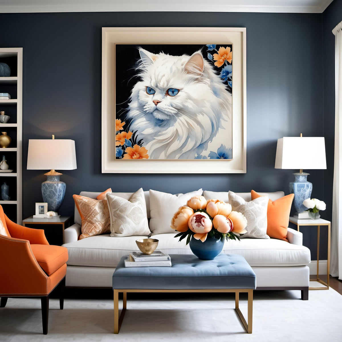 Blue-Eyed White Cat Floral Print: Watercolor-Inspired Pet Art (Digital Download)