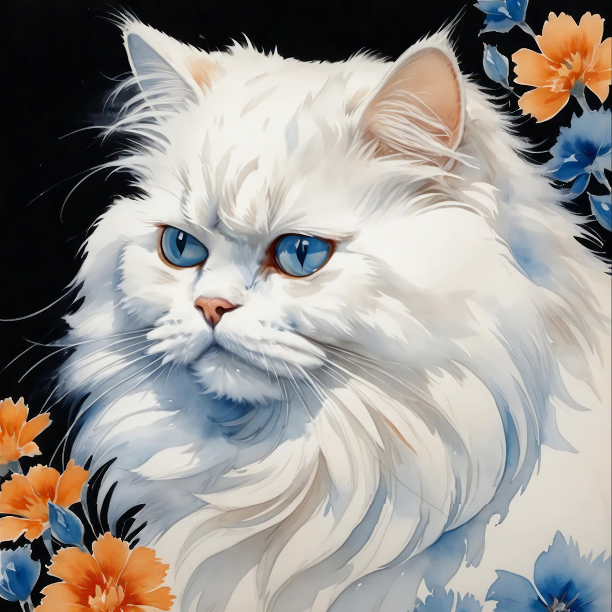 Blue-Eyed White Cat Floral Print: Watercolor-Inspired Pet Art (Digital Download)