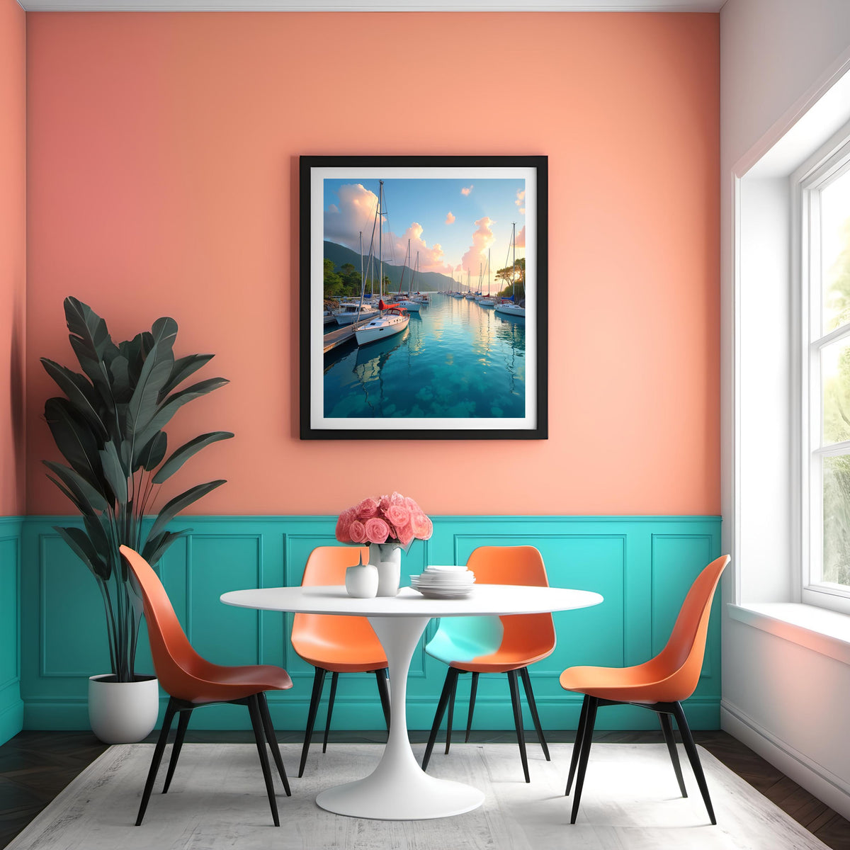 Sunset Marina Coastal Print: Sailboats & Mountain Scene (Digital Download)