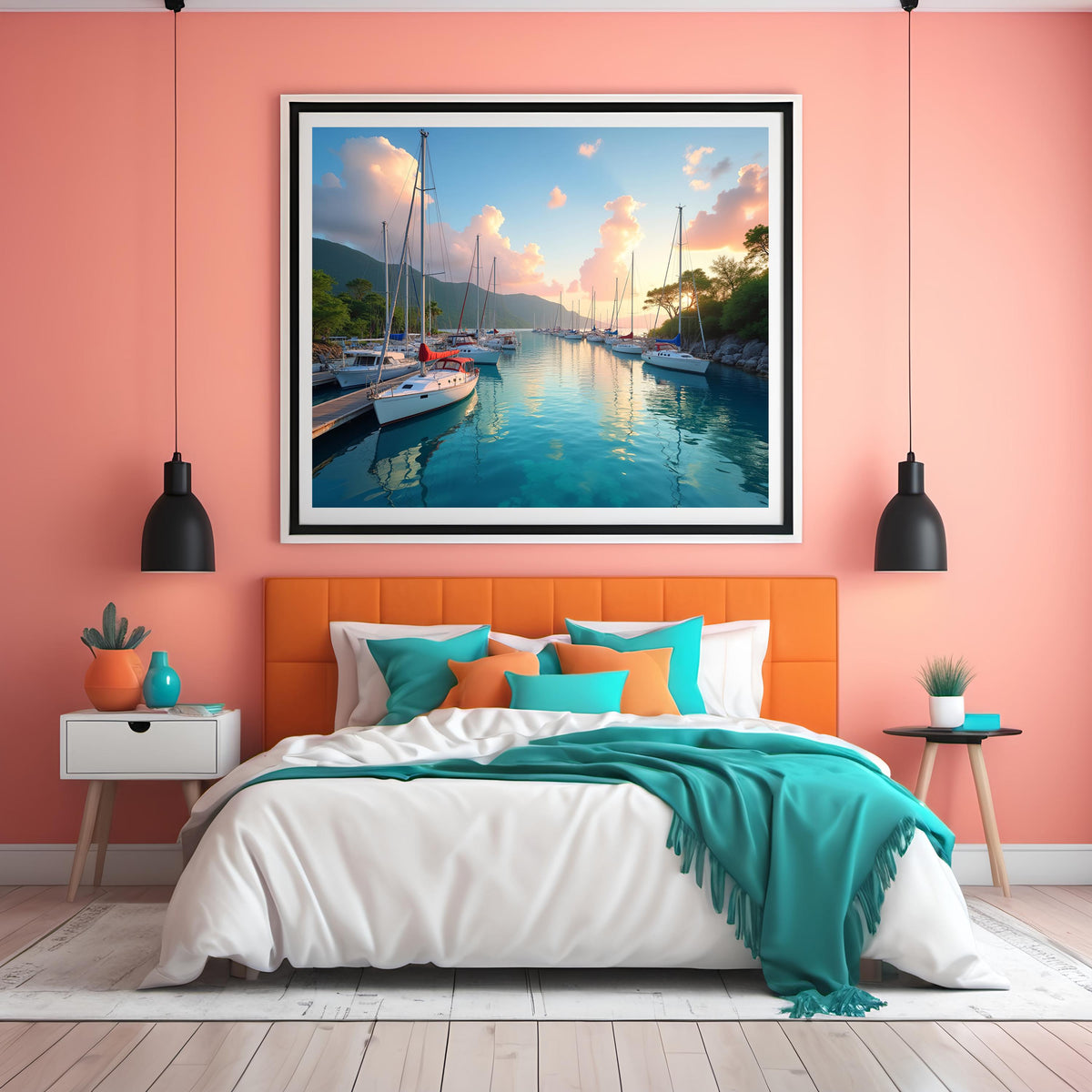 Sunset Marina Coastal Print: Sailboats & Mountain Scene (Digital Download)