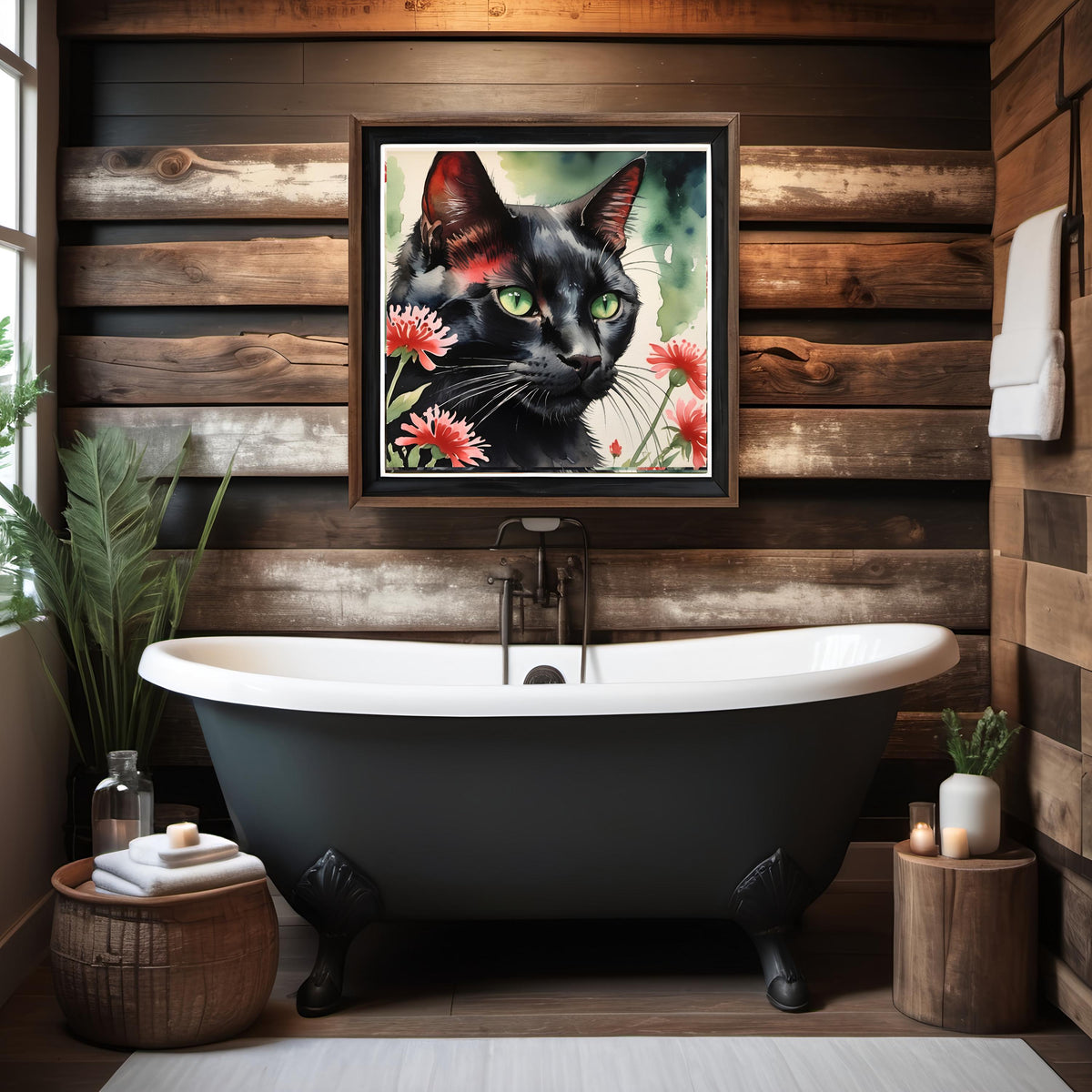 Black Cat Green Eyes Floral Print: Watercolor Pet Wall Art (Digital Download)