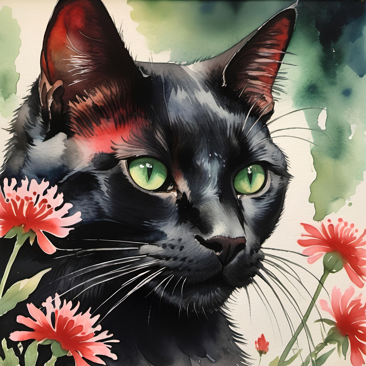 Black Cat Green Eyes Floral Print: Watercolor Pet Wall Art (Digital Download)