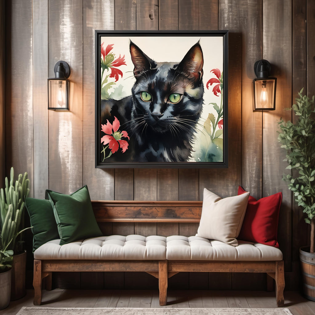 Black Cat Watercolor Print: Green Eyes, Floral Wall Art (Digital Download)