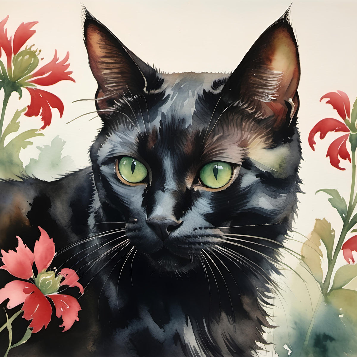 Black Cat Watercolor Print: Green Eyes, Floral Wall Art (Digital Download)