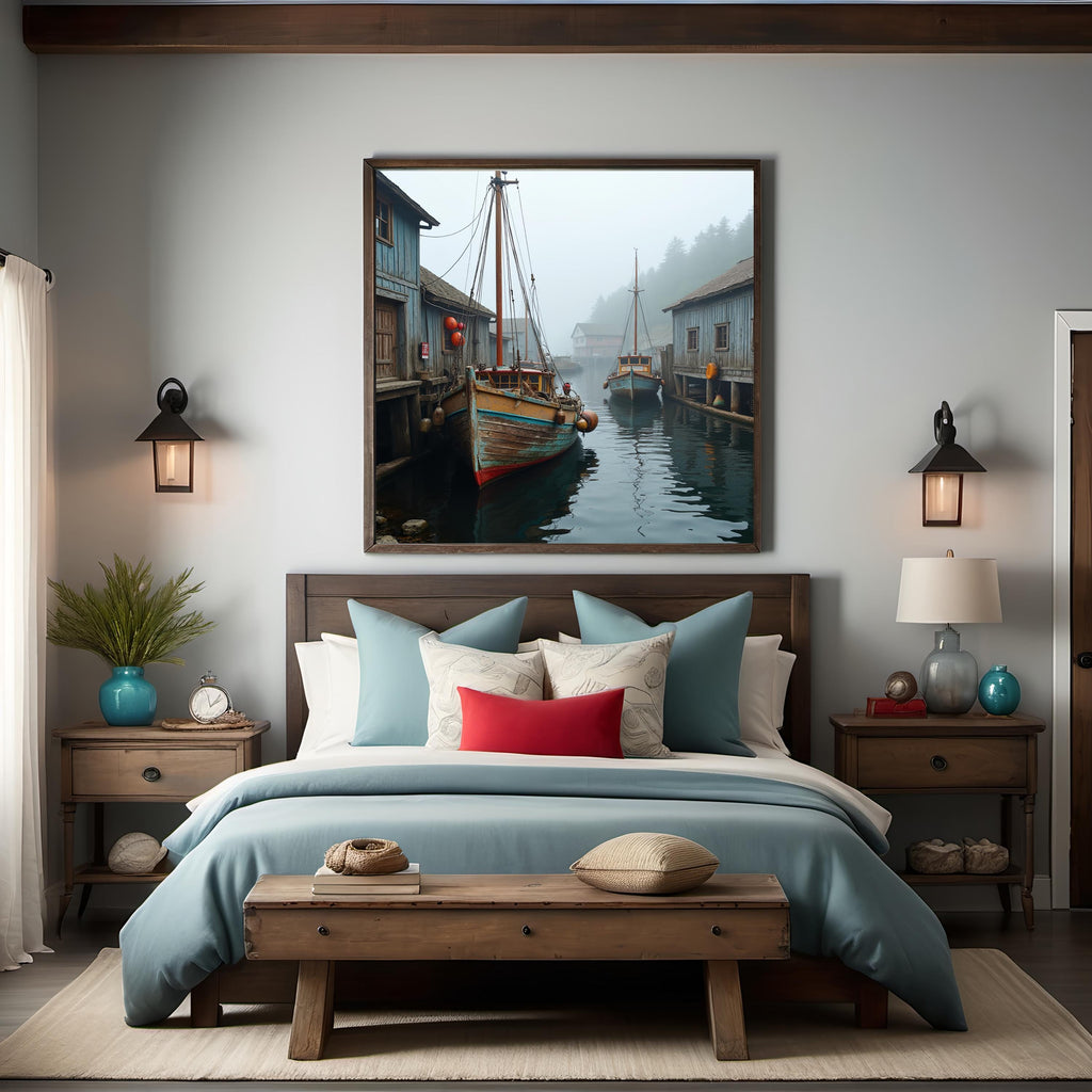 Foggy Wharf Art Print: Vintage Wooden Boats, Coastal Nautical Scene (Digital Download)
