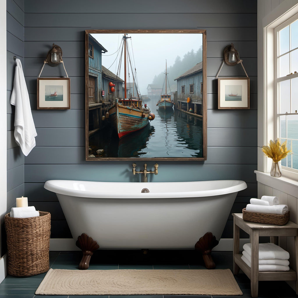 Foggy Wharf Art Print: Vintage Wooden Boats, Coastal Nautical Scene (Digital Download)