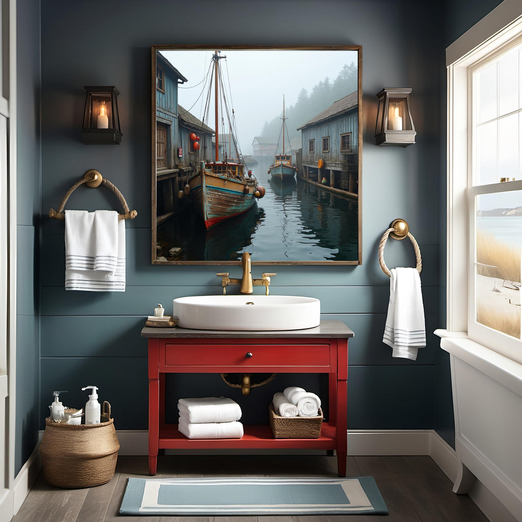 Foggy Wharf Art Print: Vintage Wooden Boats, Coastal Nautical Scene (Digital Download)