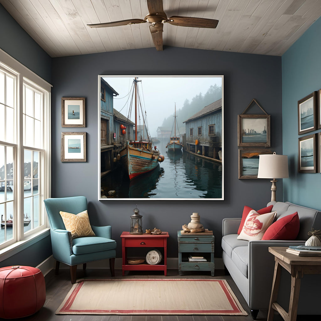 Foggy Wharf Art Print: Vintage Wooden Boats, Coastal Nautical Scene (Digital Download)