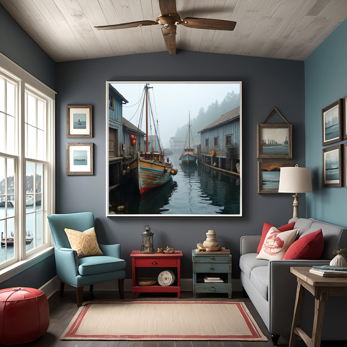 Foggy Wharf Art Print: Vintage Wooden Boats, Coastal Nautical Scene (Digital Download)