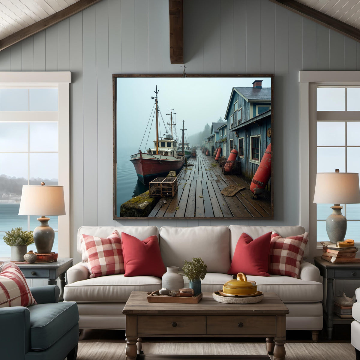 Foggy Wharf Art Print: Vintage Wooden Boats, Coastal Nautical Scene (Digital Download) 2