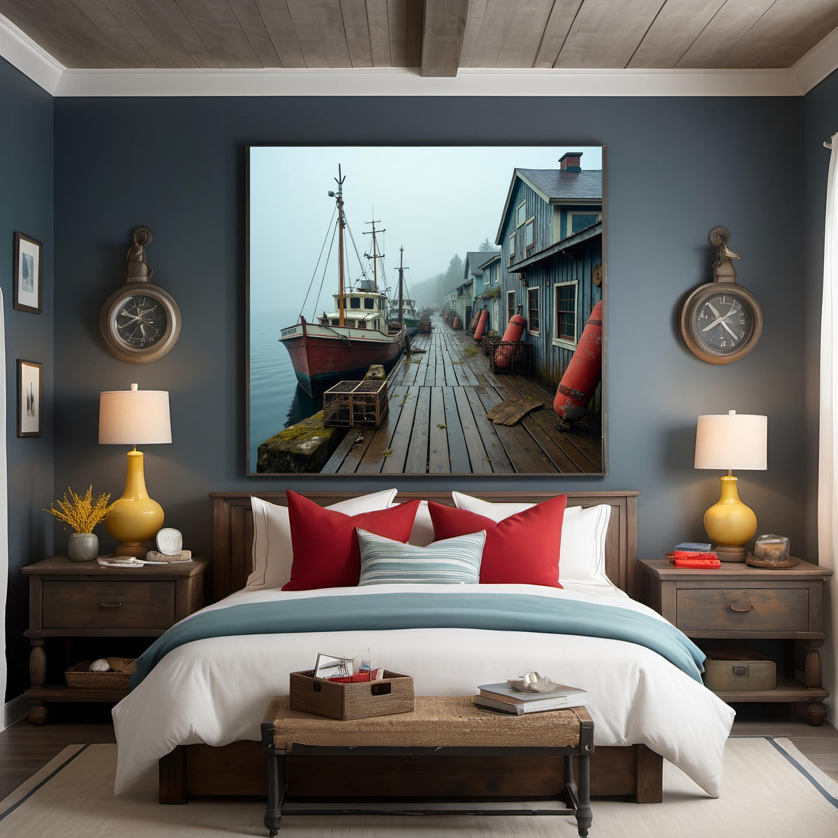 Foggy Wharf Art Print: Vintage Wooden Boats, Coastal Nautical Scene (Digital Download) 2