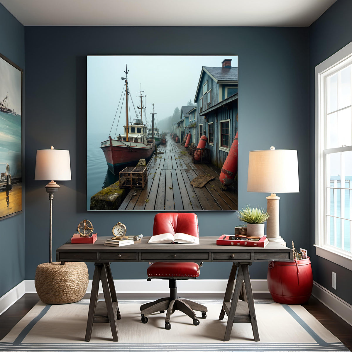 Foggy Wharf Art Print: Vintage Wooden Boats, Coastal Nautical Scene (Digital Download) 2