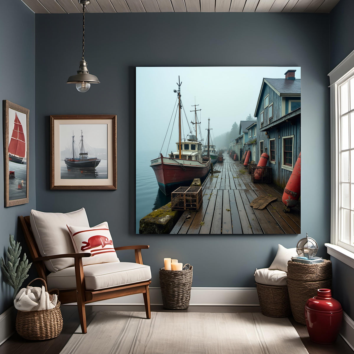 Foggy Wharf Art Print: Vintage Wooden Boats, Coastal Nautical Scene (Digital Download) 2