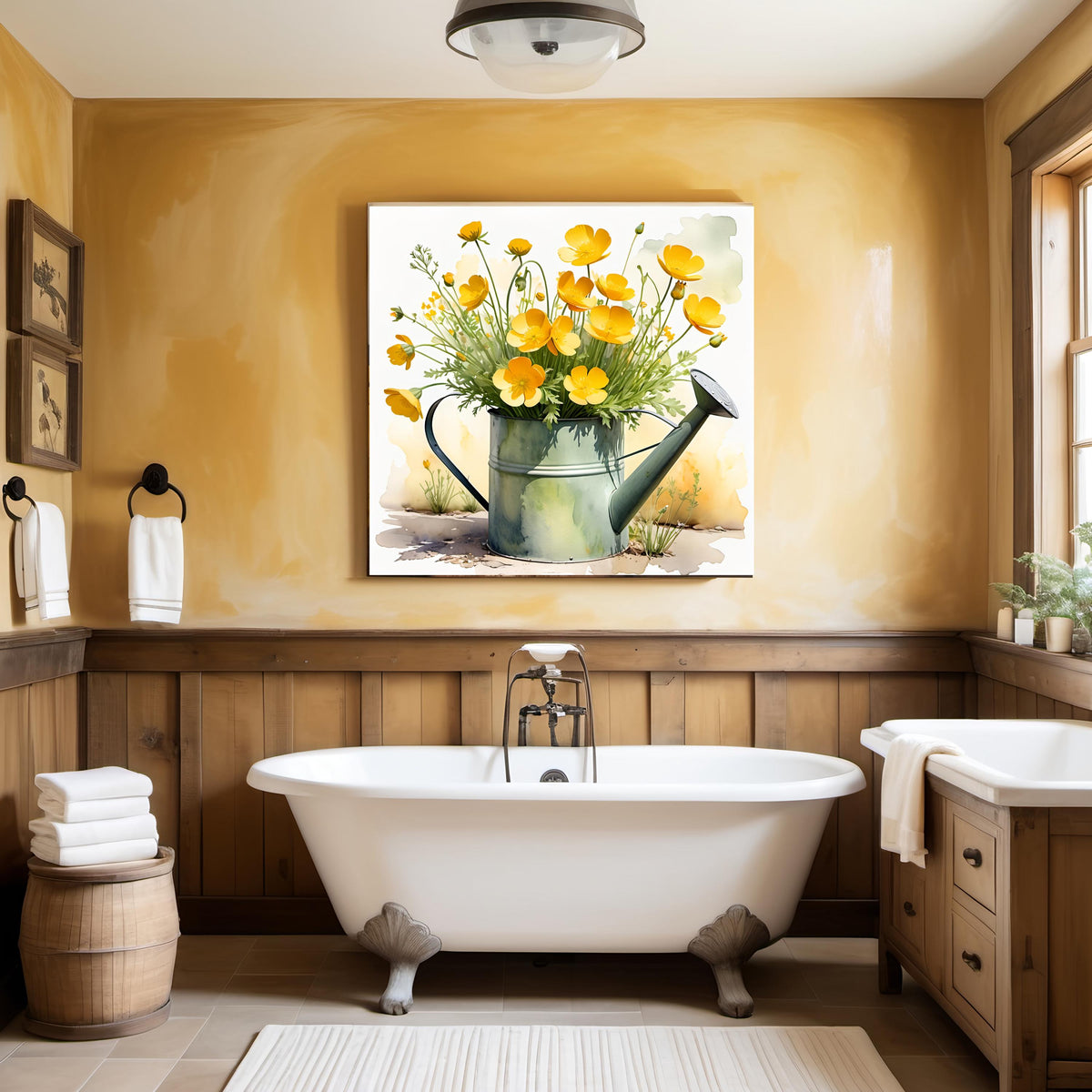 Watercolor Buttercup Flowers Print: Rustic Watering Can Art (Digital Download)