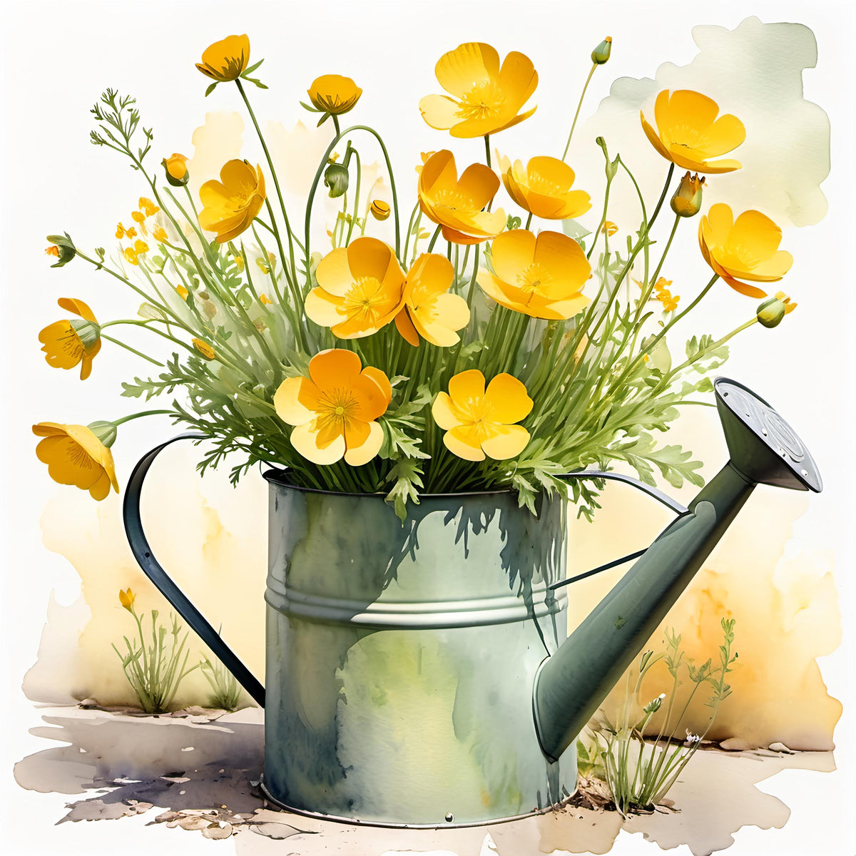 Watercolor Buttercup Flowers Print: Rustic Watering Can Art (Digital Download)