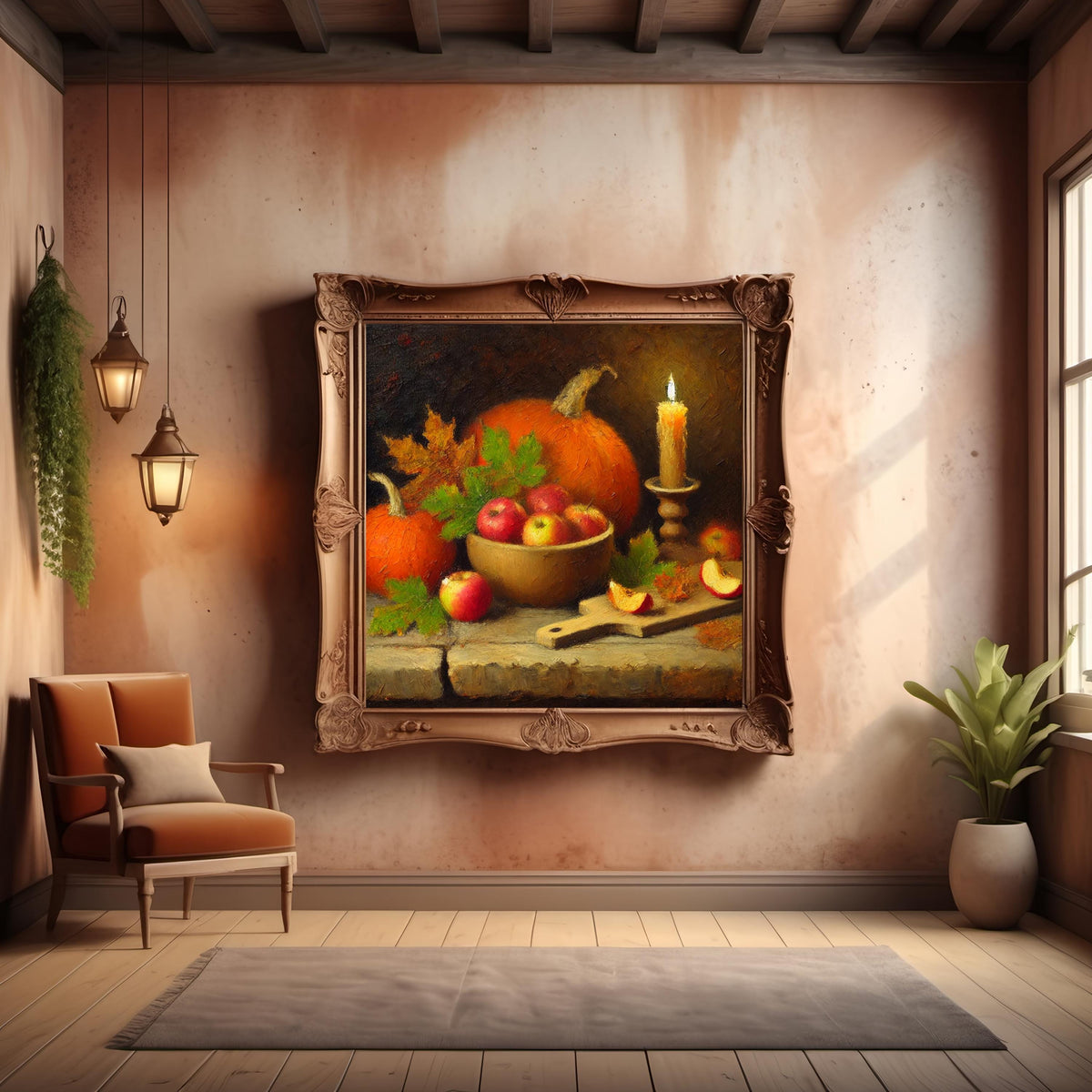 Rustic Autumn Still Life Painting: Apples, Pumpkins, Pears (Digital Download)