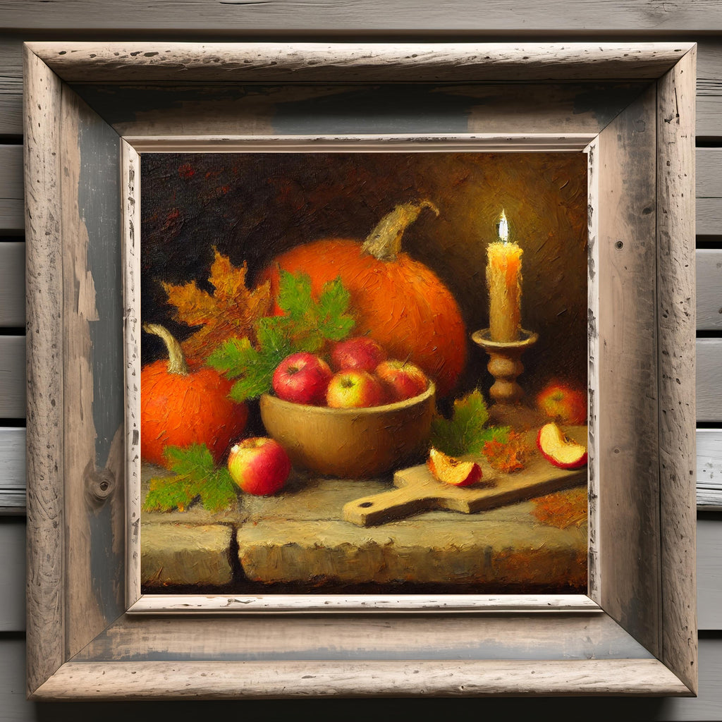 Rustic Autumn Still Life Painting: Apples, Pumpkins, Pears (Digital Download)