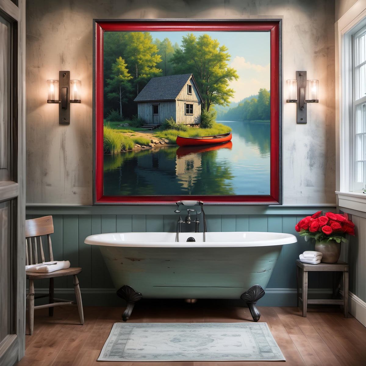 Rustic Fishing Shack Art: Red Canoe Lakeside Print (Digital Download)