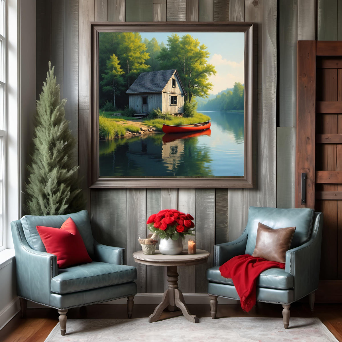 Rustic Fishing Shack Art: Red Canoe Lakeside Print (Digital Download)