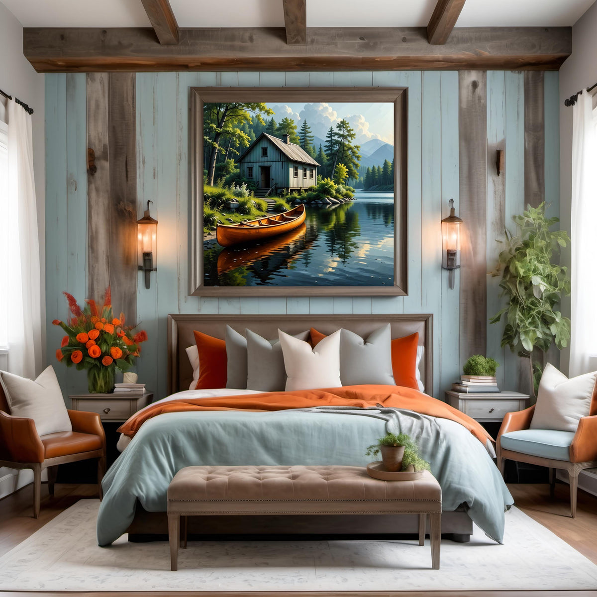 Rustic Fishing Cabin Art: Red Canoe Lakeside Print (Digital Download)