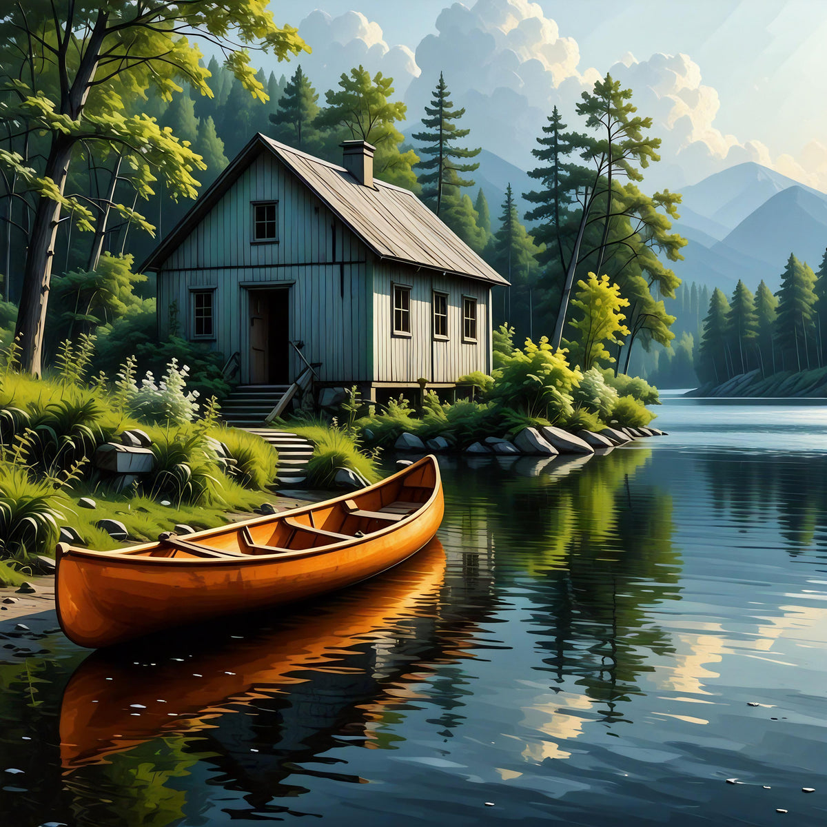 Rustic Fishing Cabin Art: Red Canoe Lakeside Print (Digital Download)