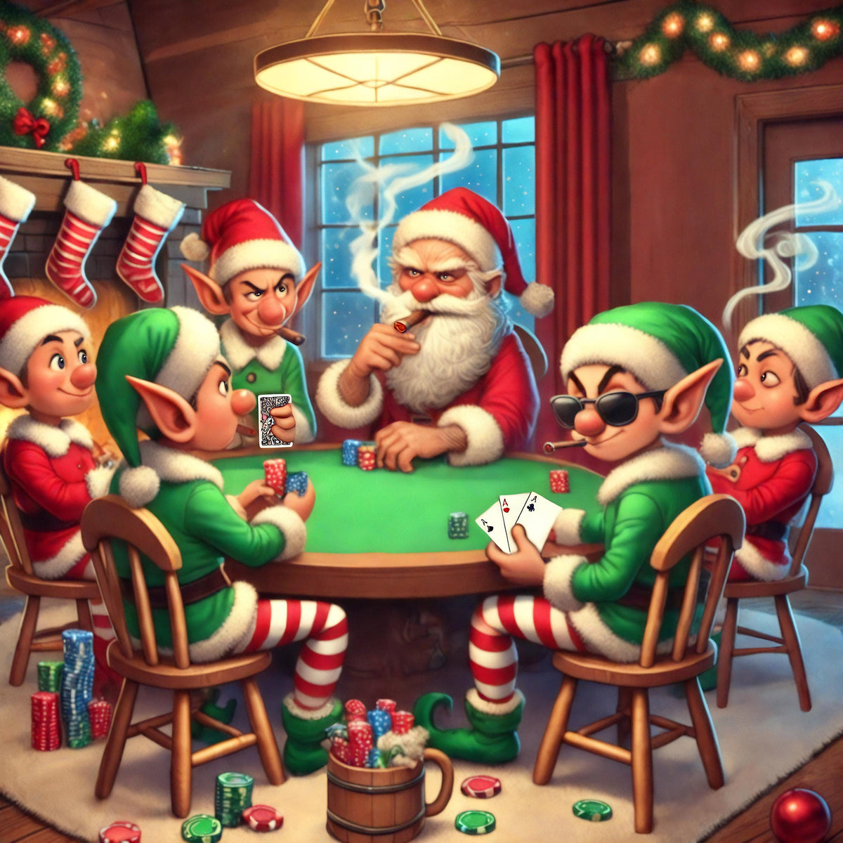 Funny Christmas Santa Elves Poker Night Art: Holiday Wall Decor (Digital Download)
