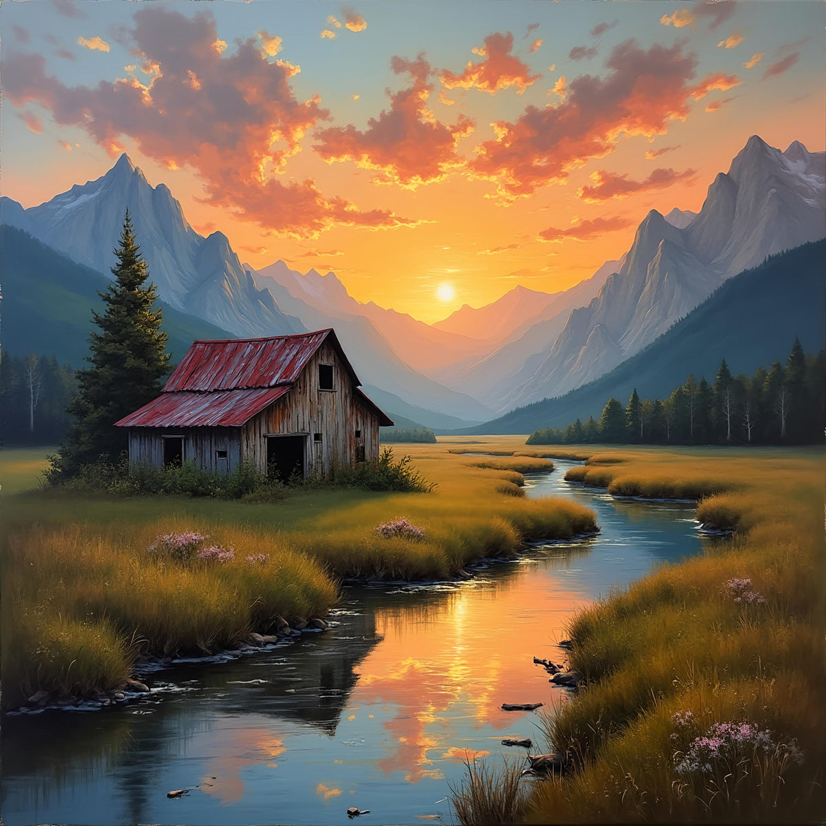 Rustic Barn Sunset Landscape Art Print: Mountain River Reflection (Digital Download)