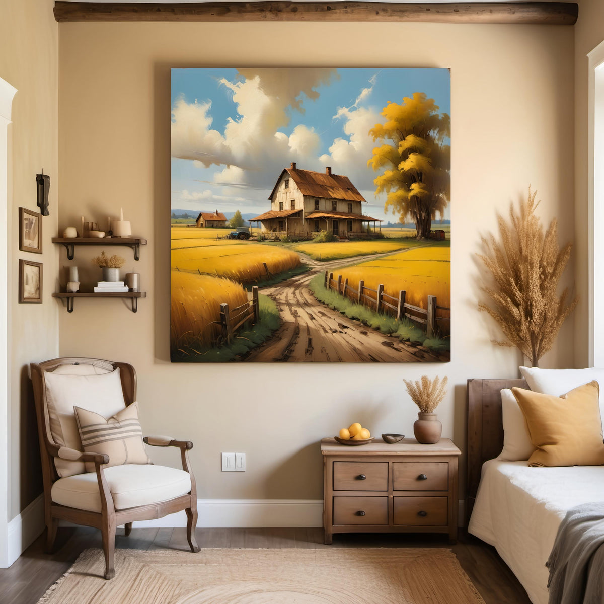 Rustic Farmhouse Golden Fields Art: Vintage Country Landscape (Digital Download)