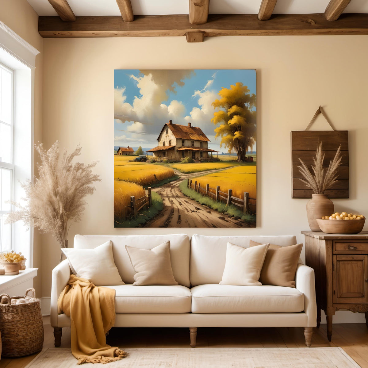 Rustic Farmhouse Golden Fields Art: Vintage Country Landscape (Digital Download)