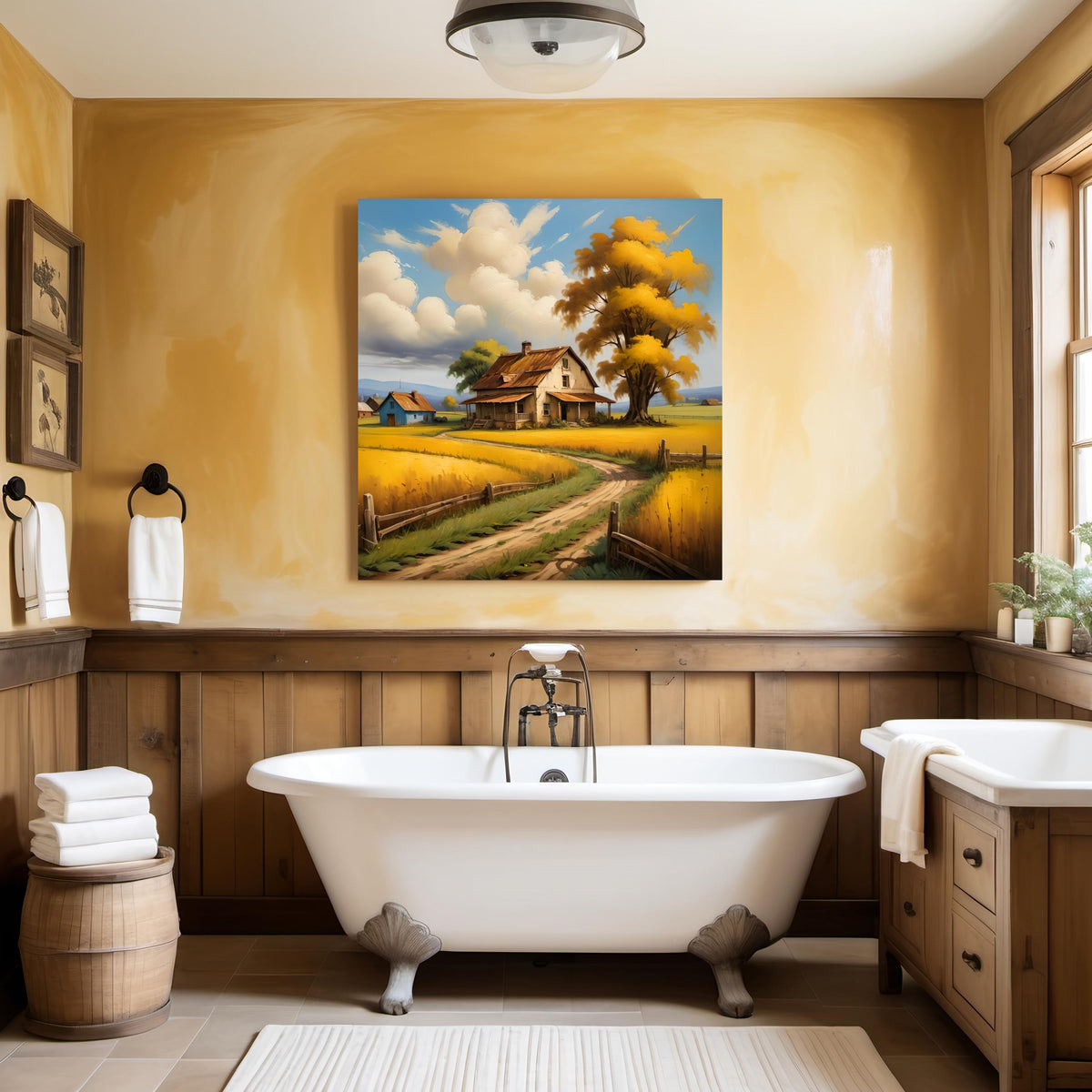 Rustic Farmhouse Art Print: Golden Fields Landscape (Digital Download)