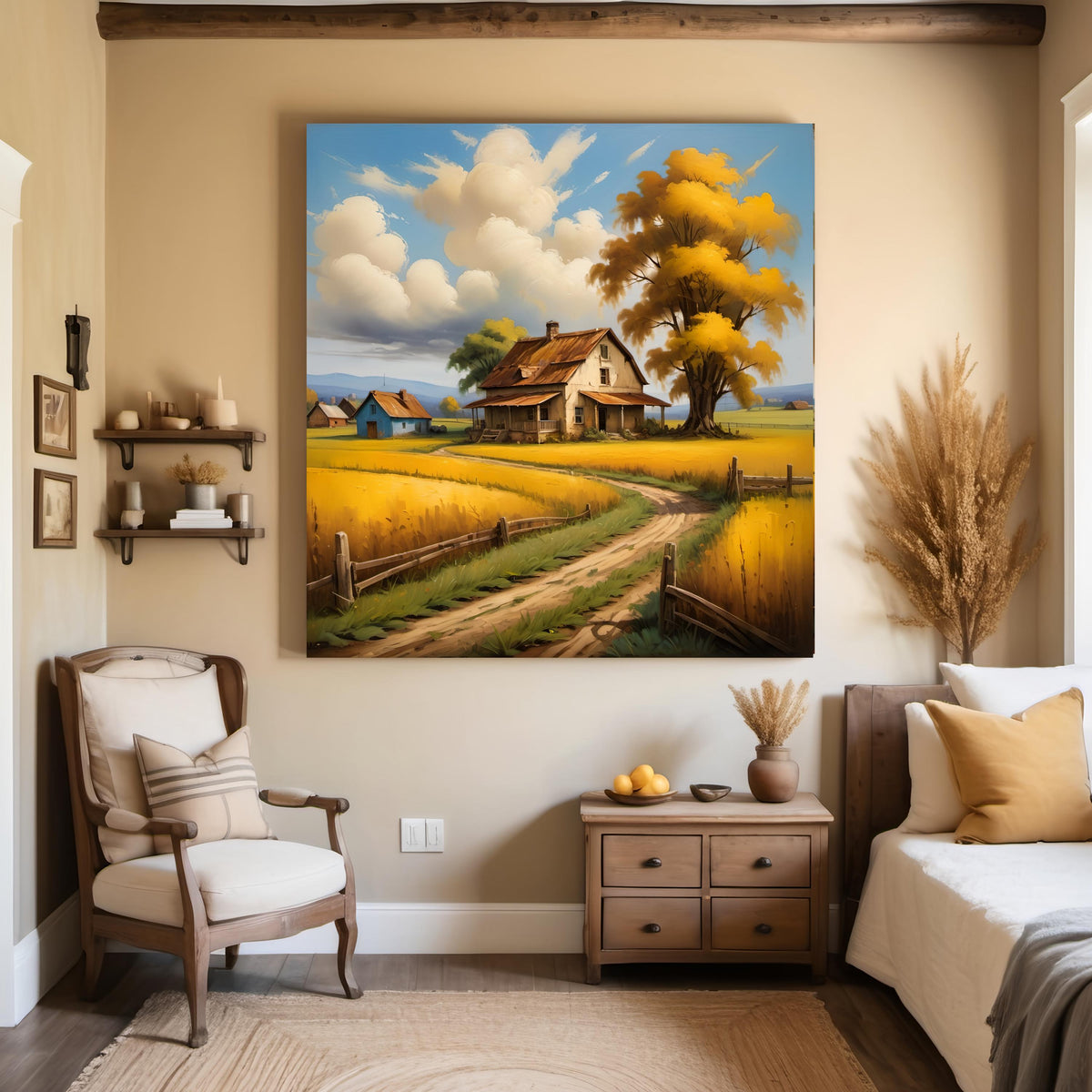 Rustic Farmhouse Art Print: Golden Fields Landscape (Digital Download)