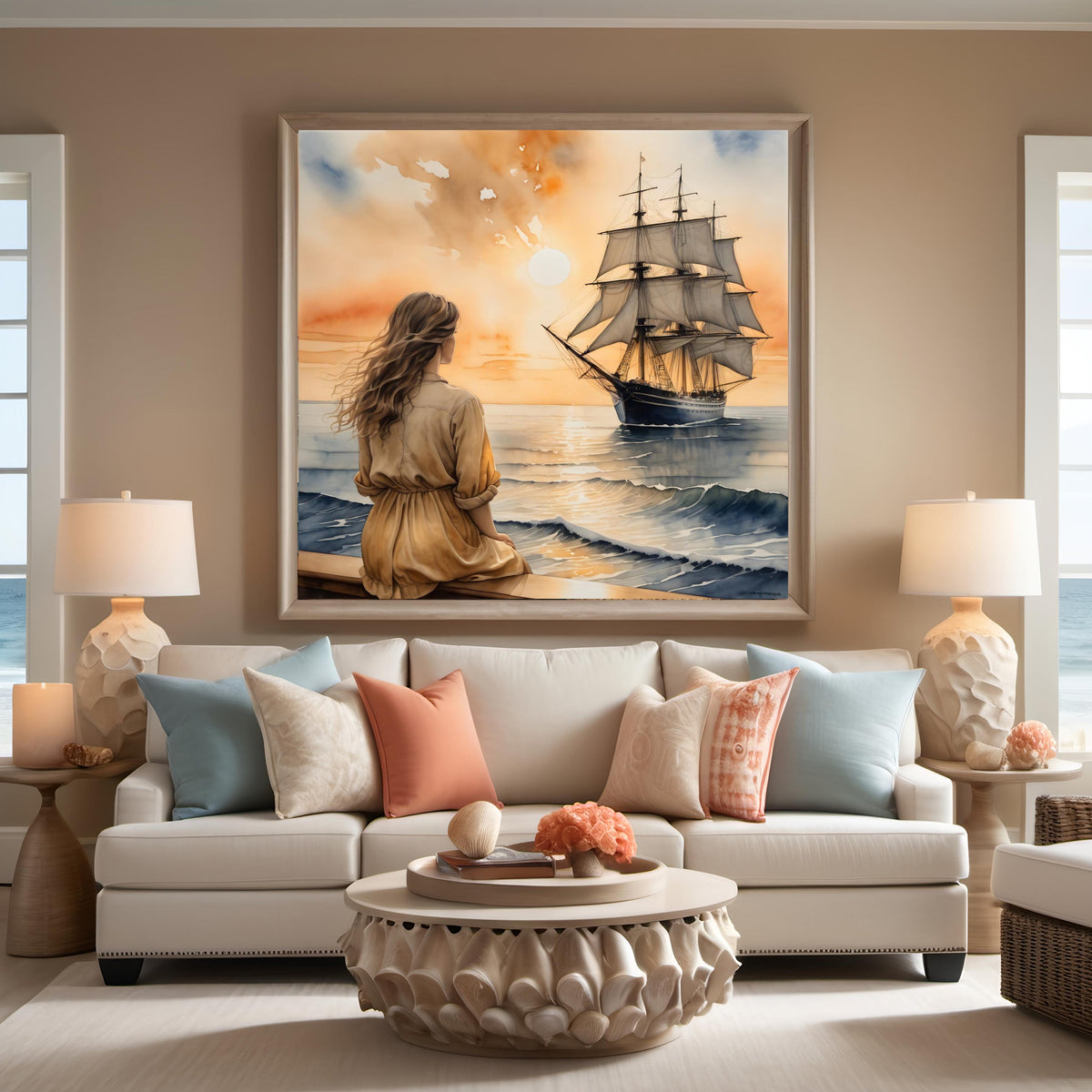 Sunset Ship Art Print: Romantic Seascape, Nautical Wall Decor (Digital Download)