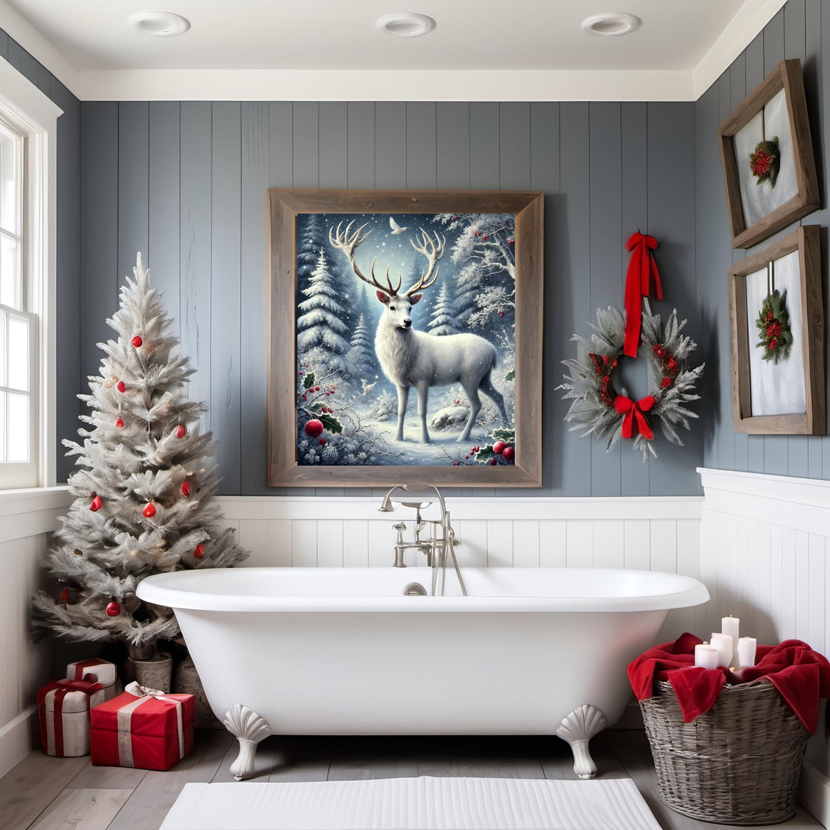 White Stag Winter Woodland Art Print: Snowy Holiday Decor (Digital Download)
