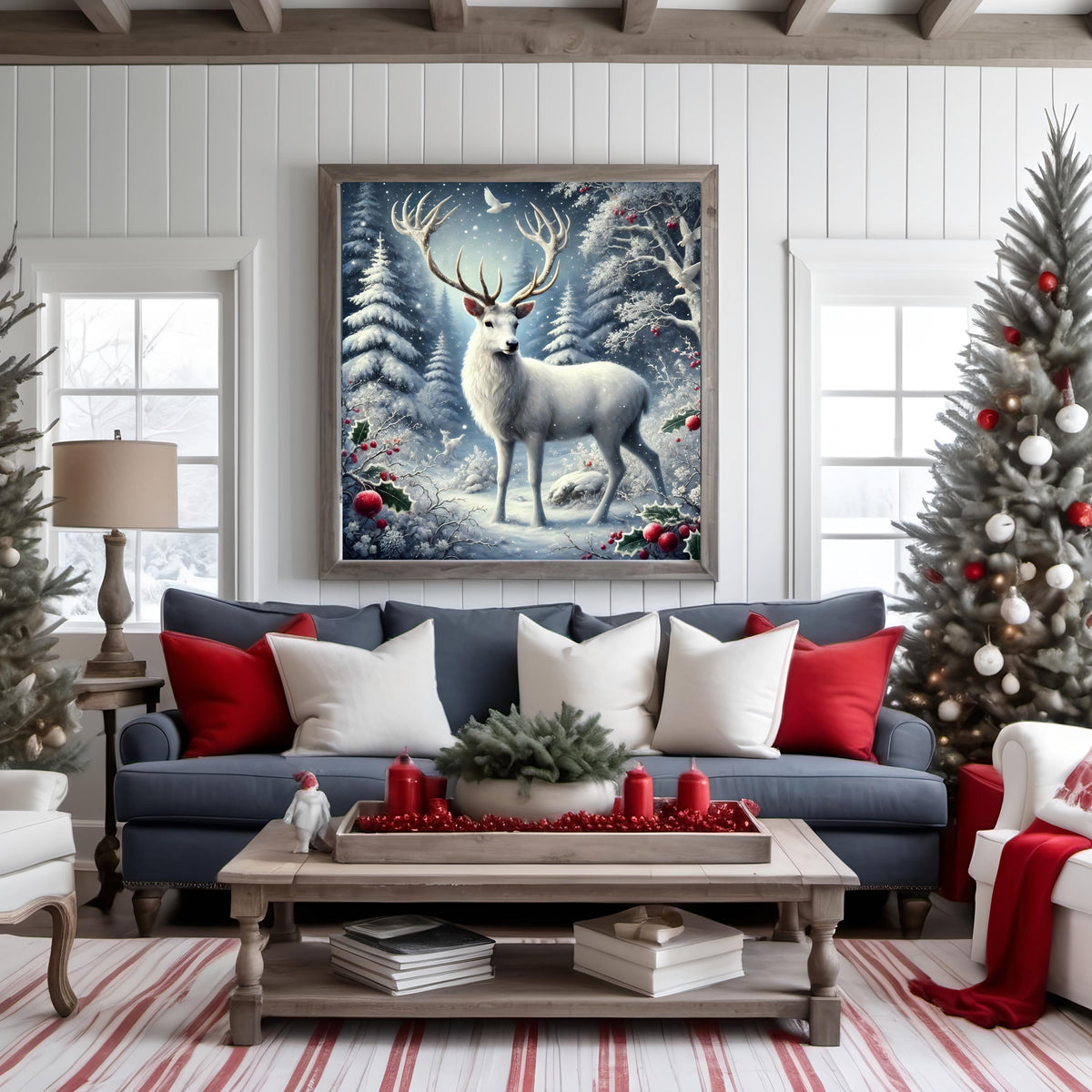 White Stag Winter Woodland Art Print: Snowy Holiday Decor (Digital Download)