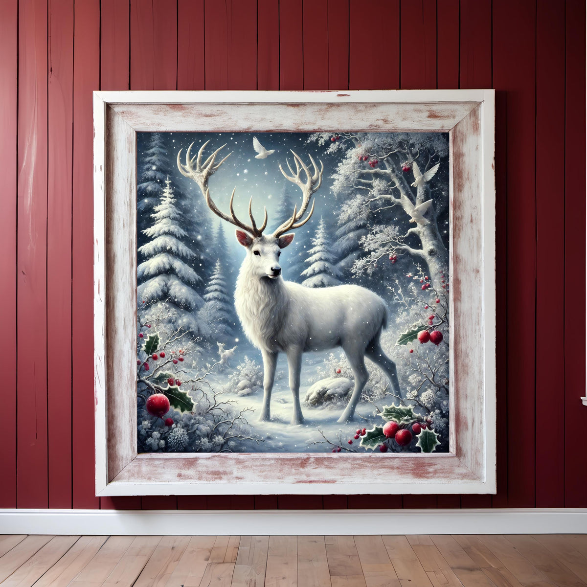 White Stag Winter Woodland Art Print: Snowy Holiday Decor (Digital Download)