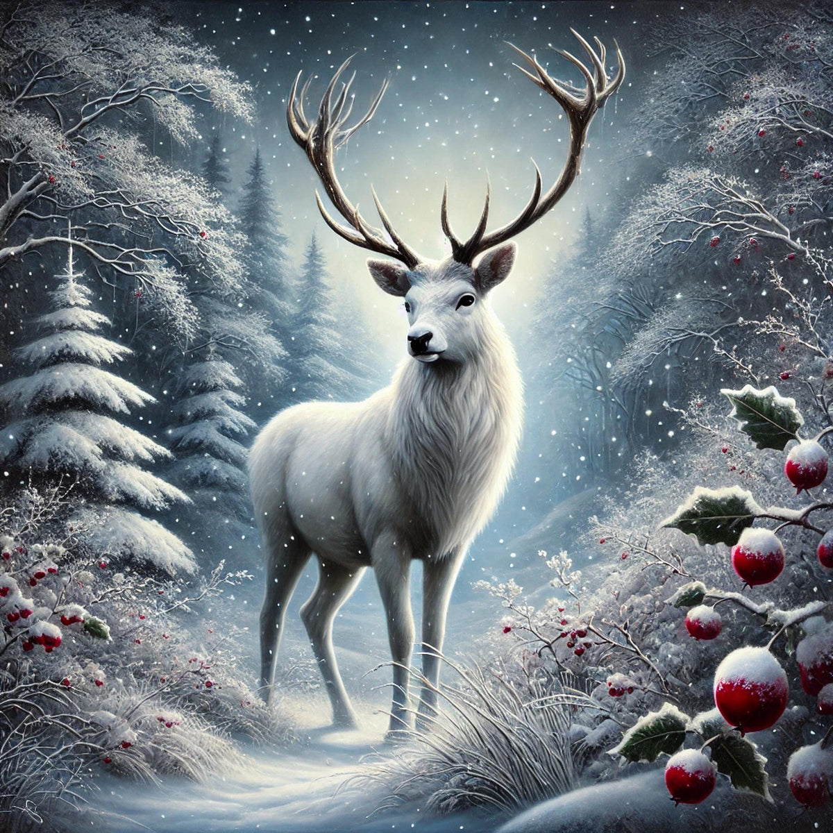 Snowy White Stag Digital Art Print: Winter Woodland Decor (Digital Download)