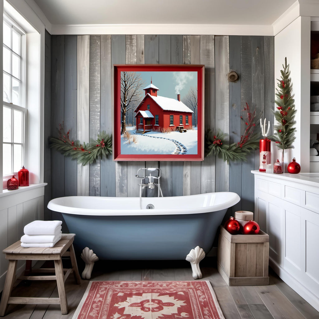 Vintage Red Schoolhouse Winter Print: Nostalgic Americana Wall Art (Digital Download)