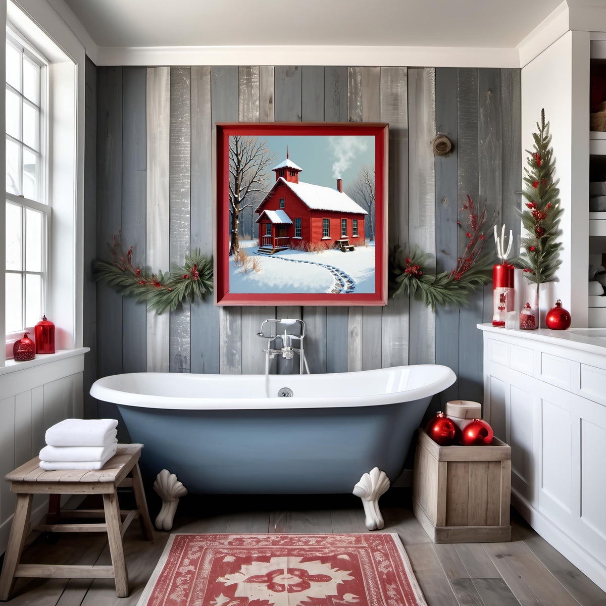Vintage Red Schoolhouse Winter Print: Nostalgic Americana Wall Art (Digital Download)