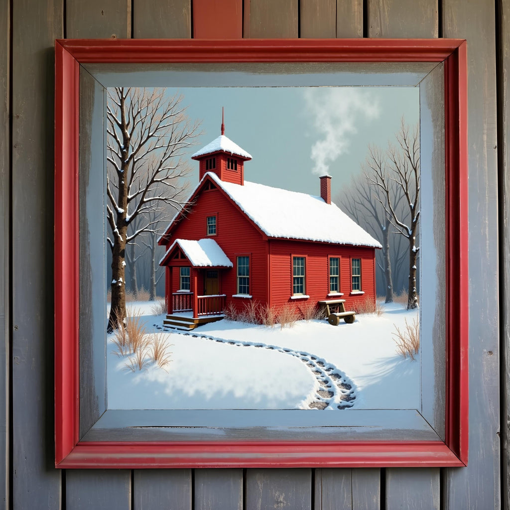 Vintage Red Schoolhouse Winter Print: Nostalgic Americana Wall Art (Digital Download)
