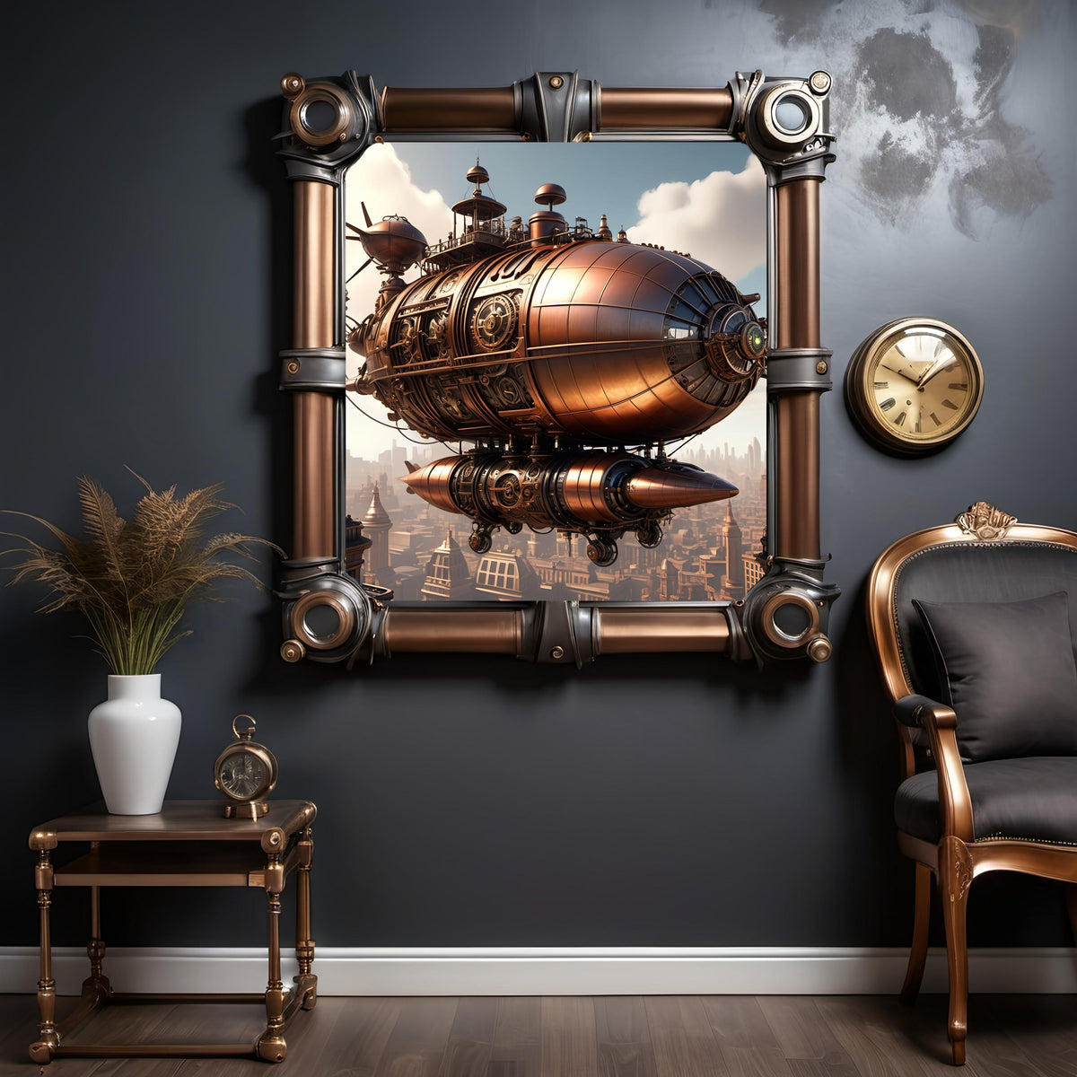 Steampunk Airship Art Print: Copper Zeppelin, Vintage Cityscape (Digital Download)