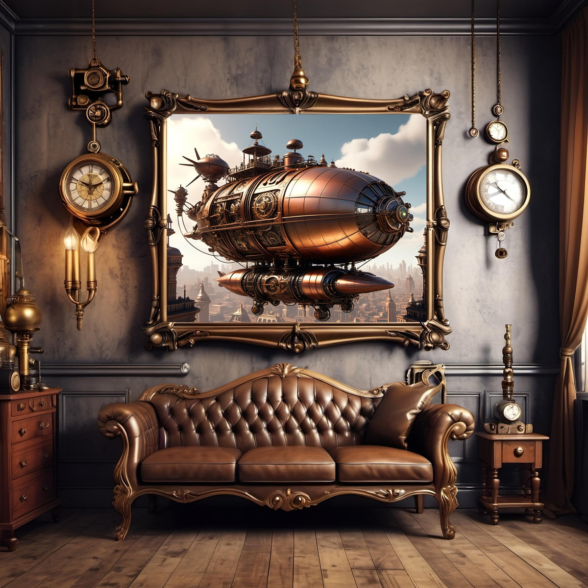 Steampunk Airship Art Print: Copper Zeppelin, Vintage Cityscape (Digital Download)
