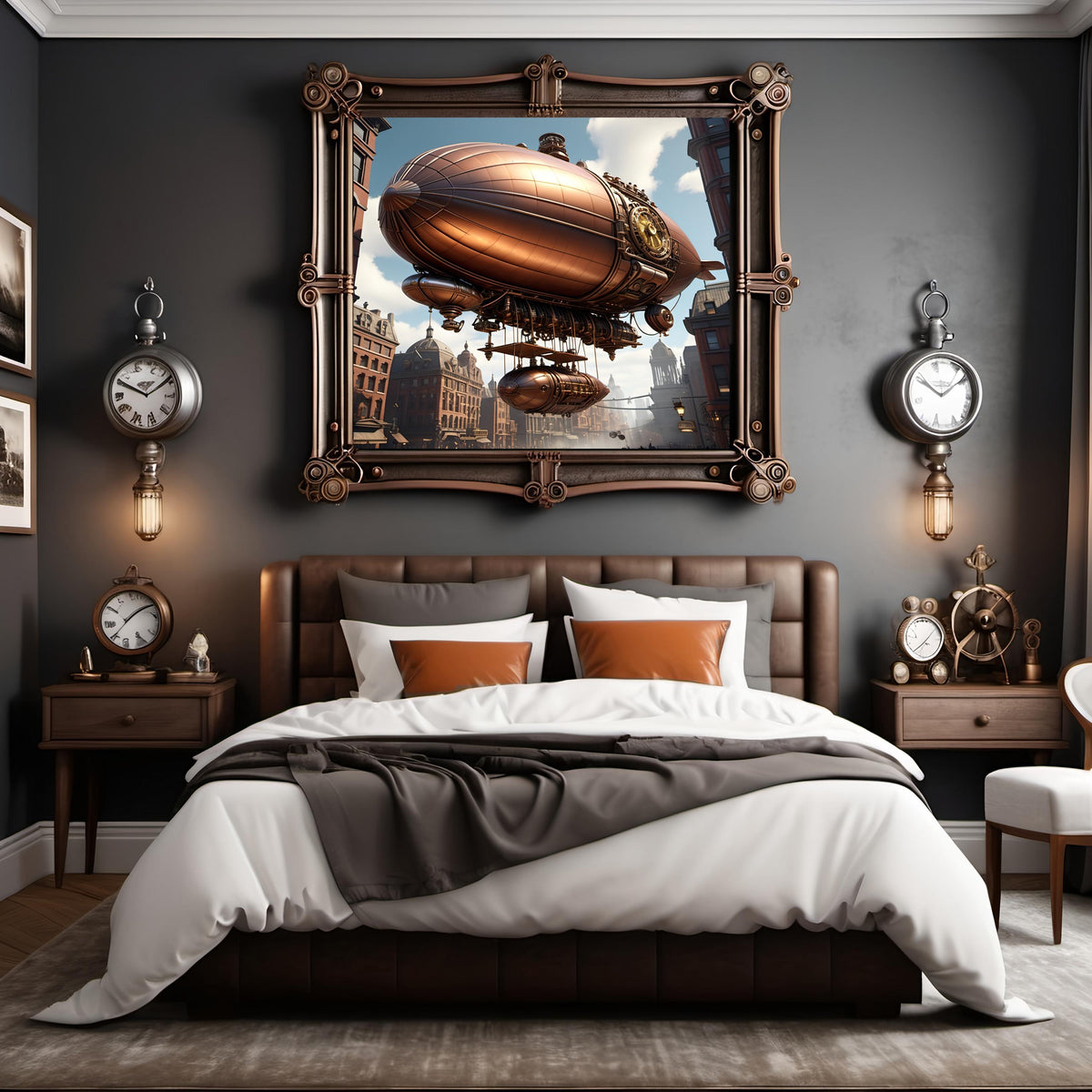 Steampunk Airship Print: Copper Zeppelin, Vintage Cityscape (Digital Download)