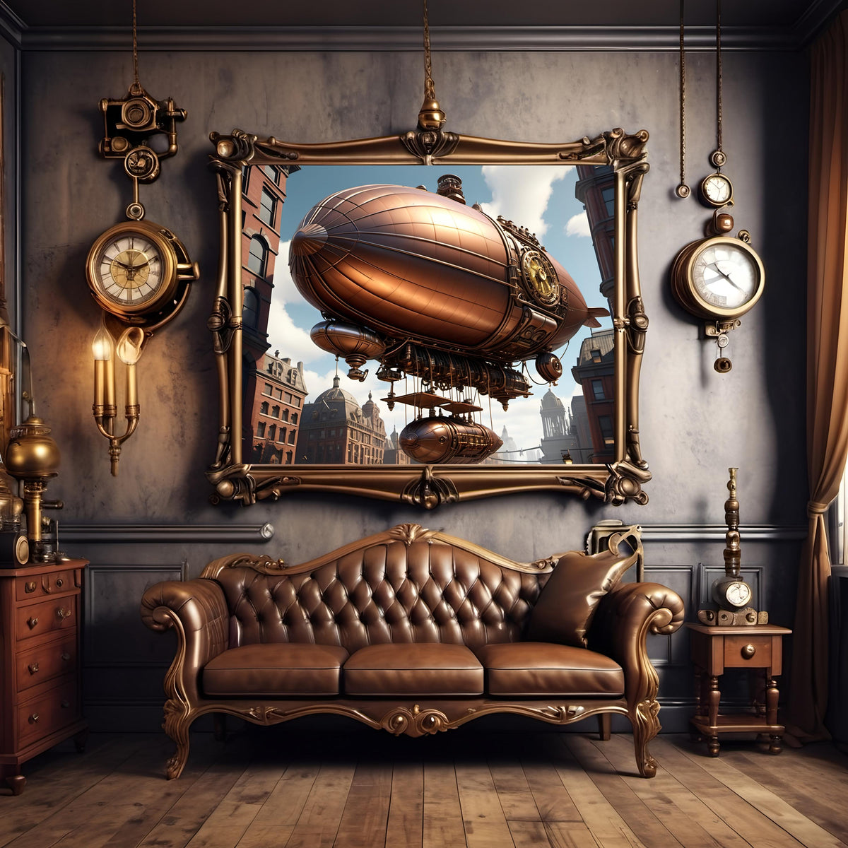 Steampunk Airship Print: Copper Zeppelin, Vintage Cityscape (Digital Download)