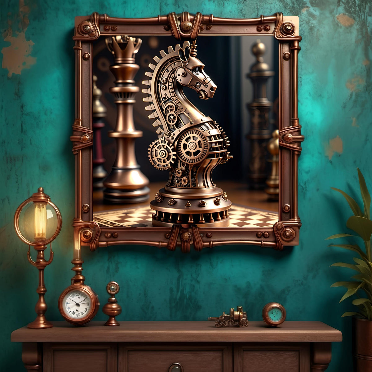 Steampunk Chess Knight Art: Vintage Mechanical Horse Print (Digital Download)