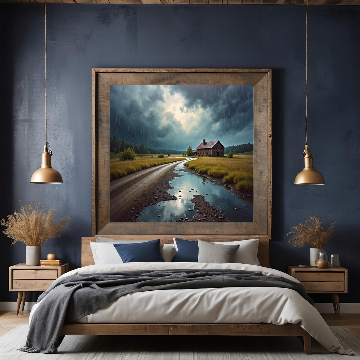 Rainy Rural Landscape Print: Moody Farmhouse Wall Art (Digital Download)