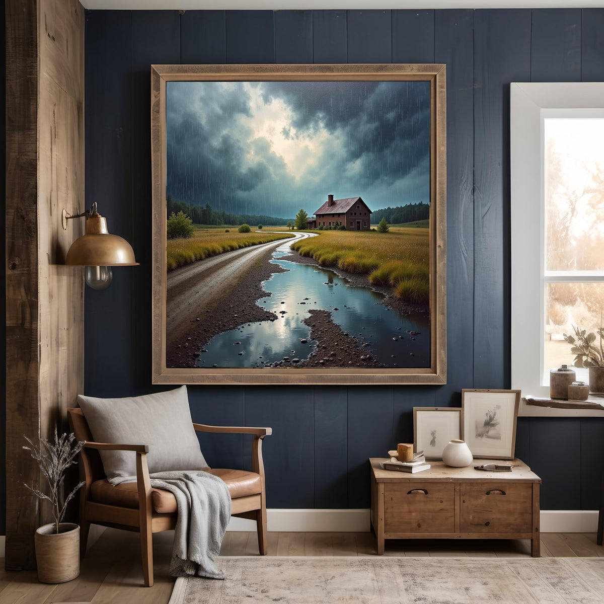 Rainy Rural Landscape Print: Moody Farmhouse Wall Art (Digital Download)