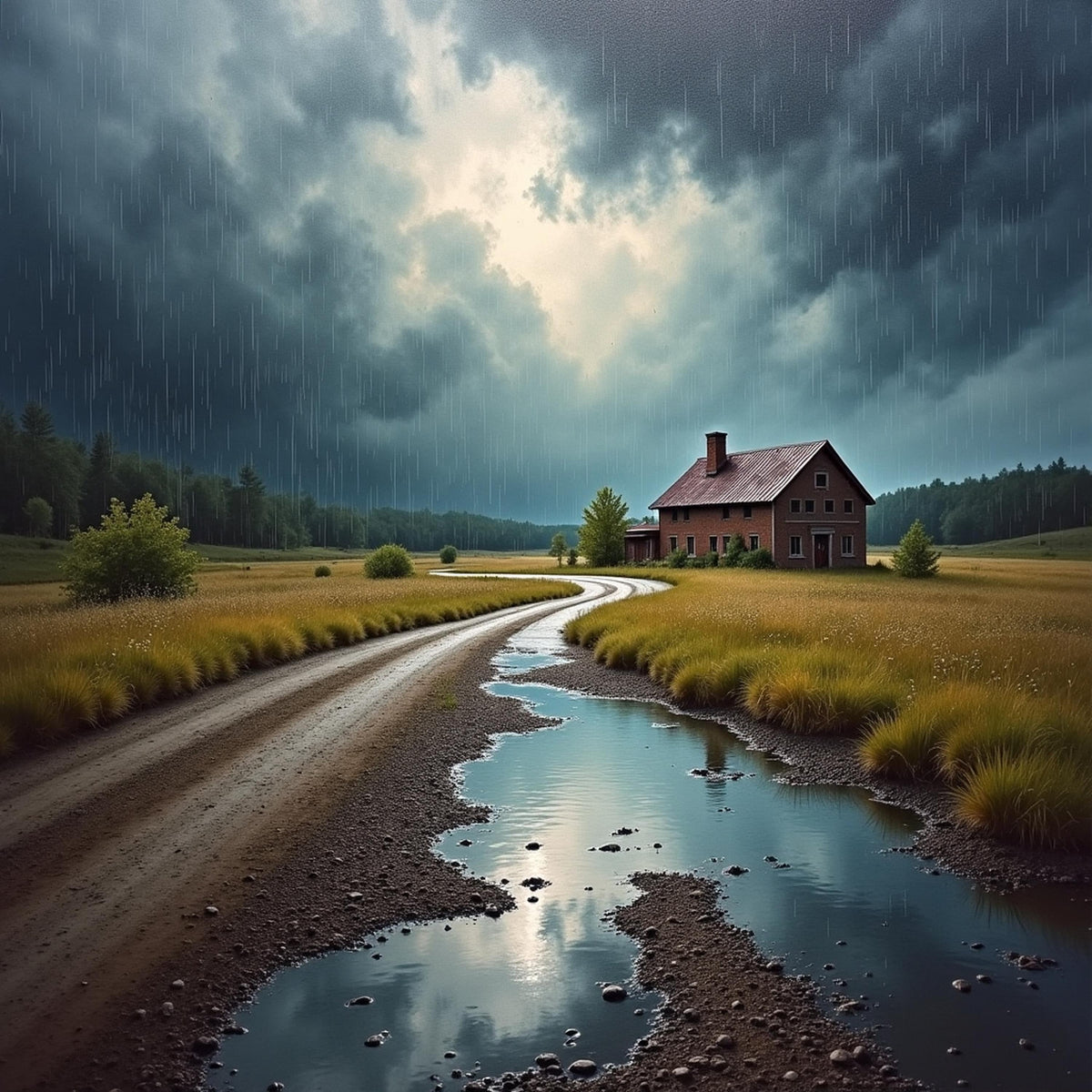 Rainy Rural Landscape Print: Moody Farmhouse Wall Art (Digital Download)