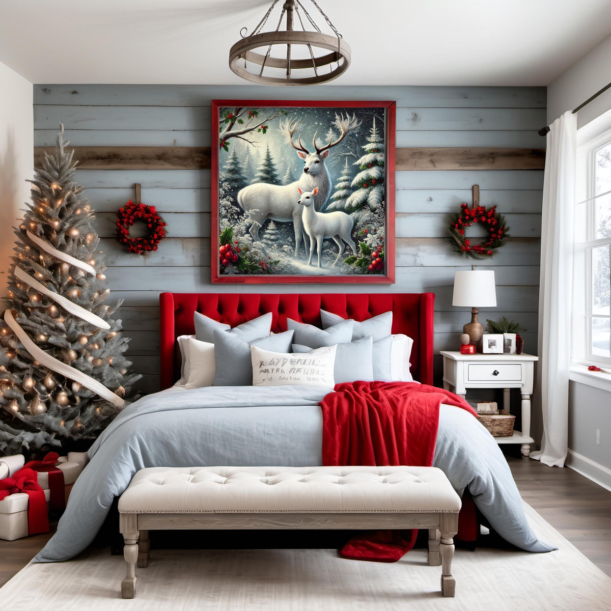 Christmas Winter White Stag and Fawn Print: Snowy Forest Holiday Decor (Digital Download)