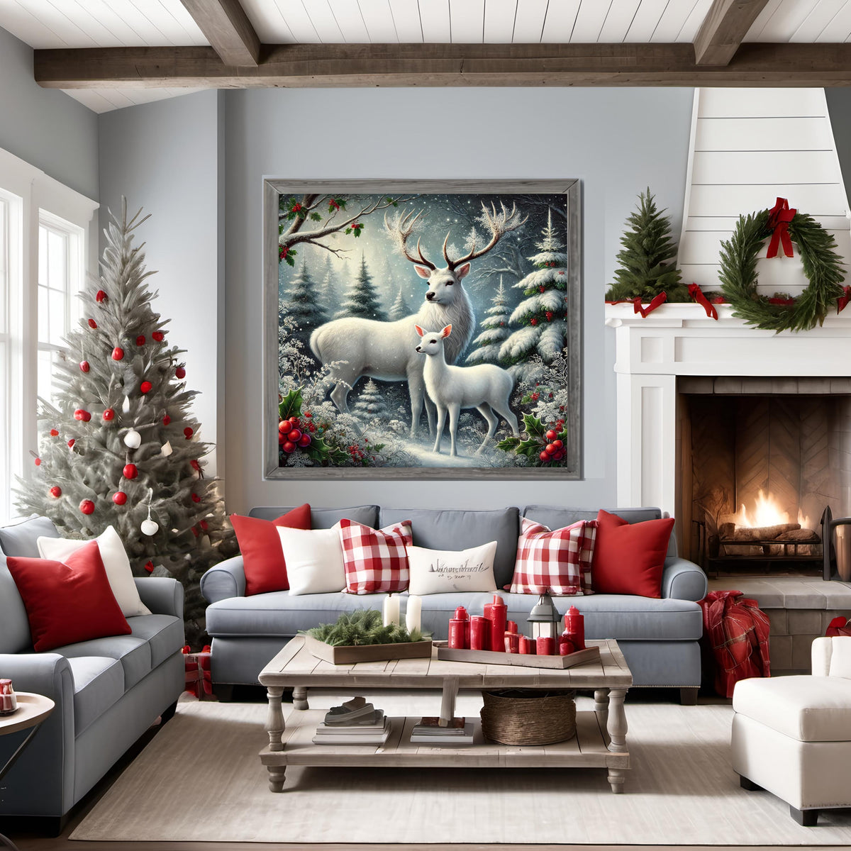 Christmas Winter White Stag and Fawn Print: Snowy Forest Holiday Decor (Digital Download)